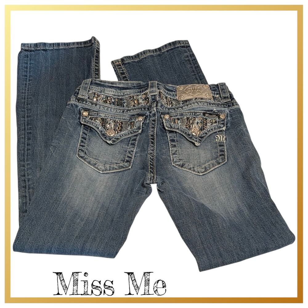 MISS ME Jeans Womens 29 Boot Cut Dark Wash Rhinestone Studded Pockets & Waist